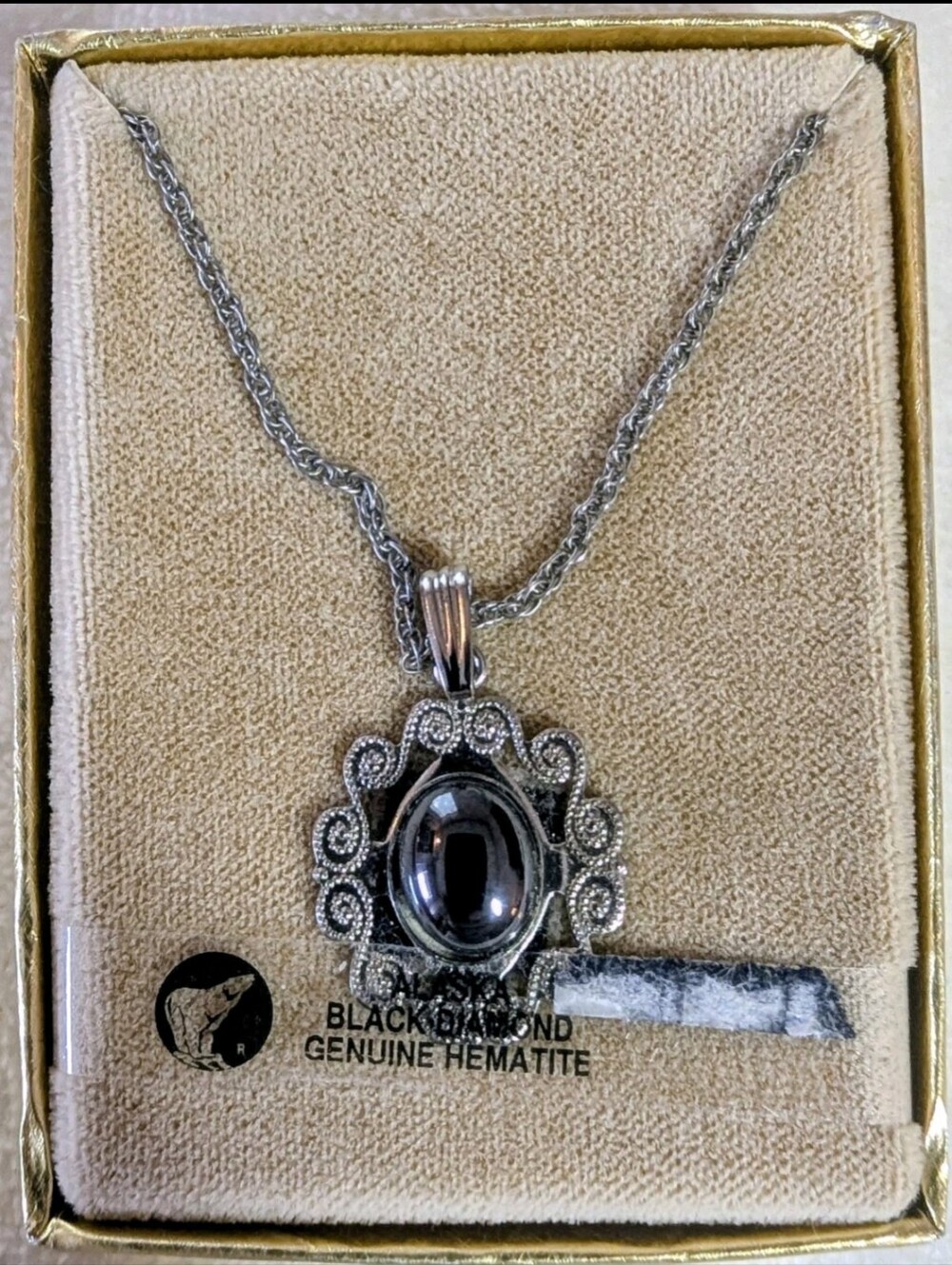 Vintage Alaska Black Diamond Hematite Necklace ACE Alaska Filigree Pendant Boxed